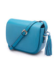 Leather saddle bag, cornflower blue, side view