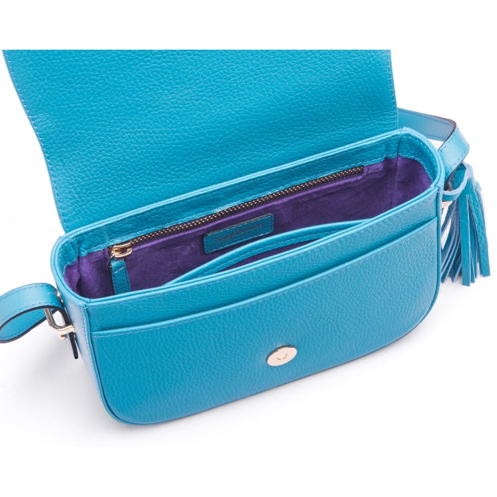 Leather saddle bag, cornflower blue, inside view