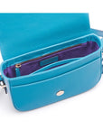 Leather saddle bag, cornflower blue, inside view