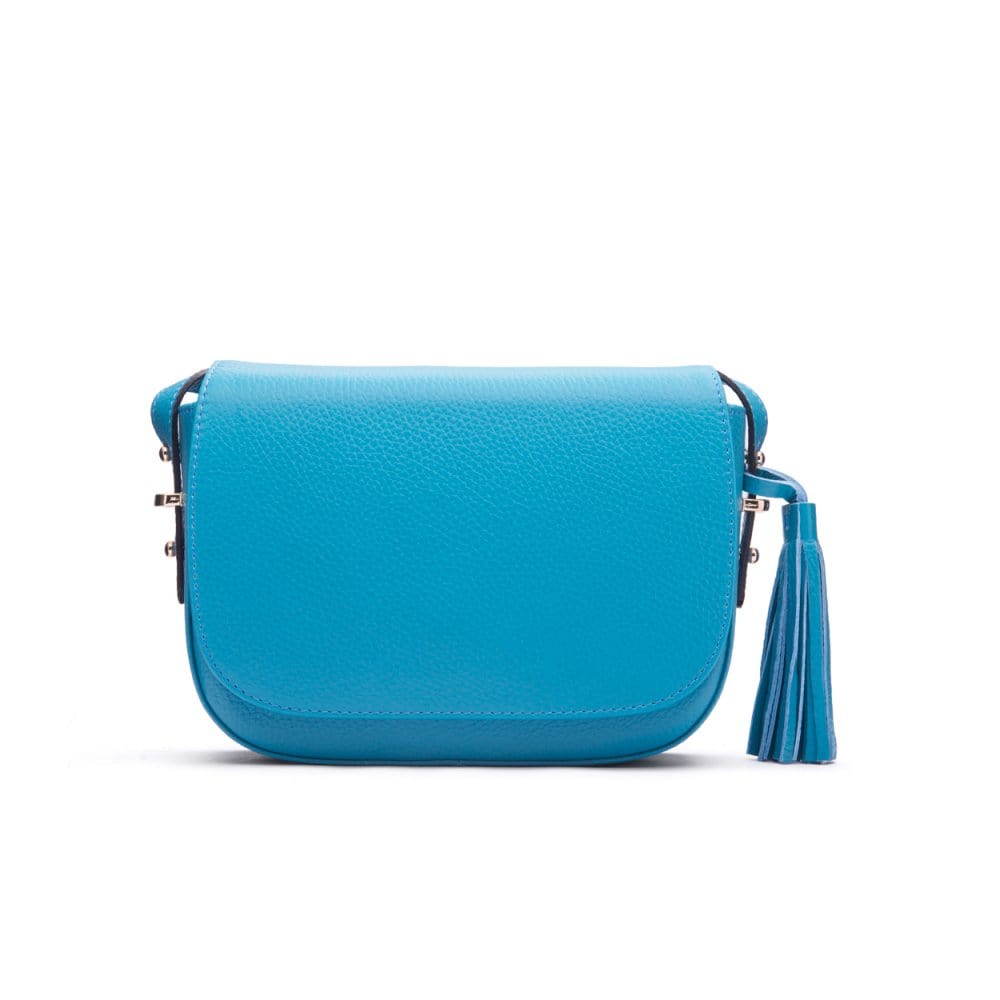 Leather saddle bag, cornflower blue, front