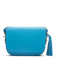 Leather saddle bag, cornflower blue, front