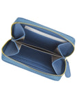 Small leather zip around coin purse, cornflower blue, open