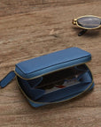Small leather zip around coin purse, cornflower blue, lifestyle