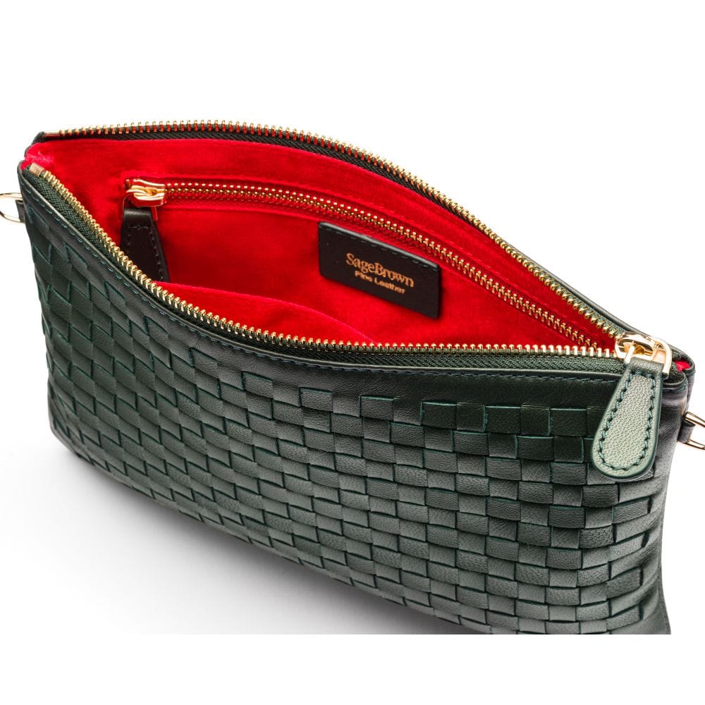 Leather woven cross body bag, green, inside