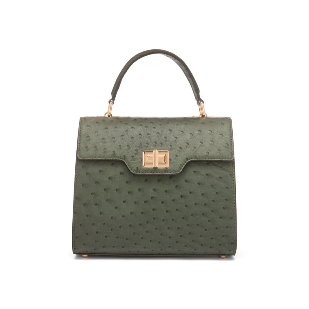 Real ostrich top handle bag, dark green, front view