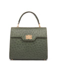 Real ostrich top handle bag, dark green, front view