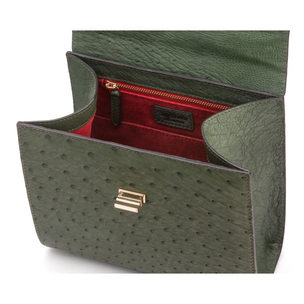 Real ostrich top handle bag, dark green, inside view