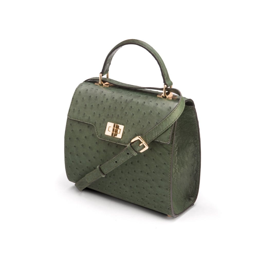 Real ostrich top handle bag, dark green, side view