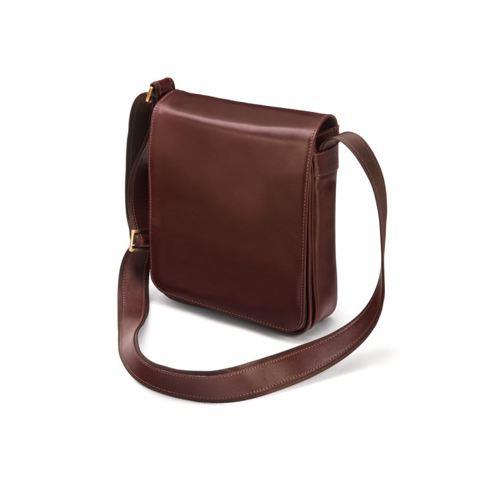 Leather A4 messenger bag, dark tan, side