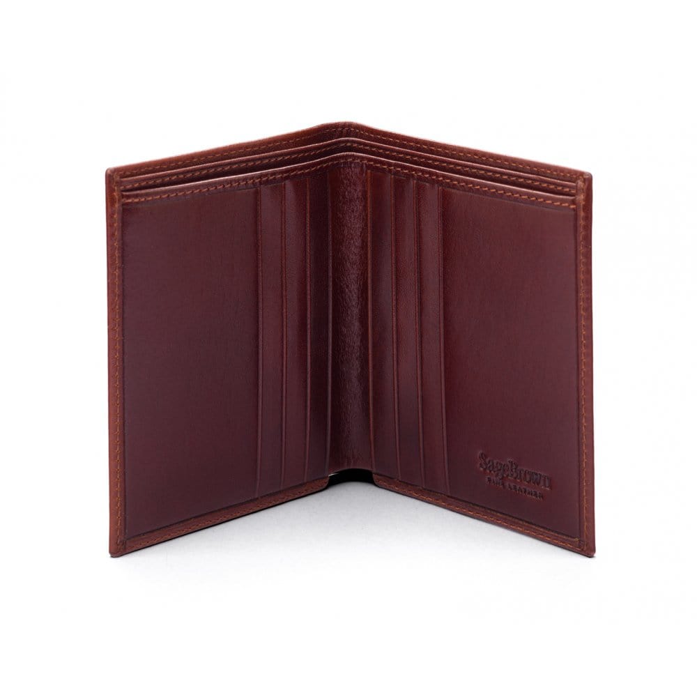Bifold leather wallet with 6 credit cards, dark tan, open