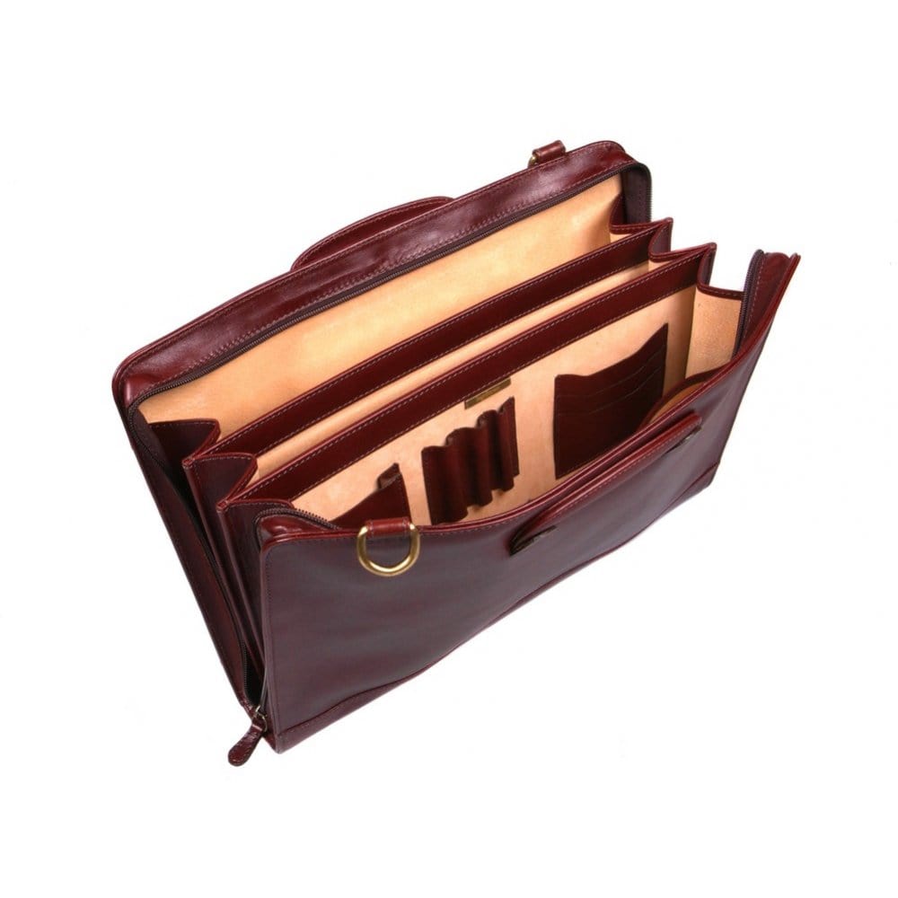 Leather briefcase with retractable handles, dark tan, inside
