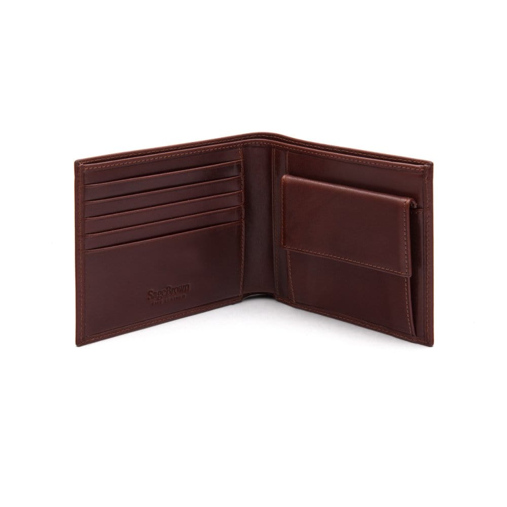Leather wallet with coin purse, dark tan, open
