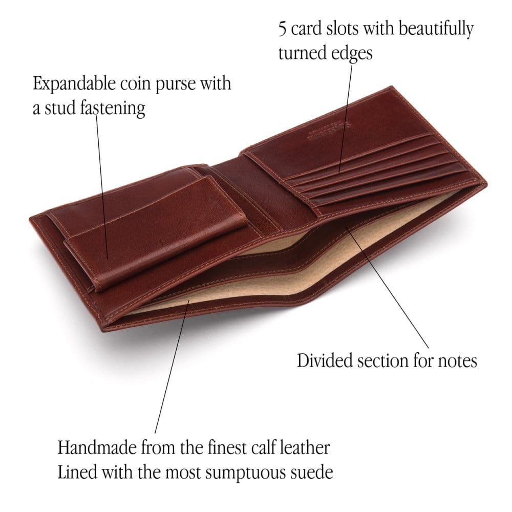 Leather wallet with coin purse, dark tan, features