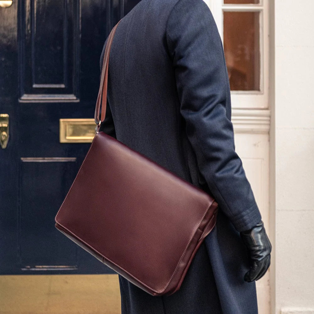 Large leather messenger bag, dark tan, lifestyle