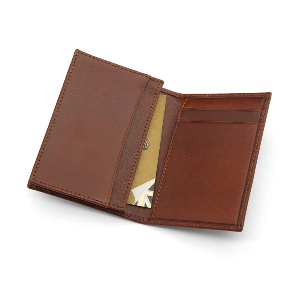 Expandable leather business card case, dark tan, inside