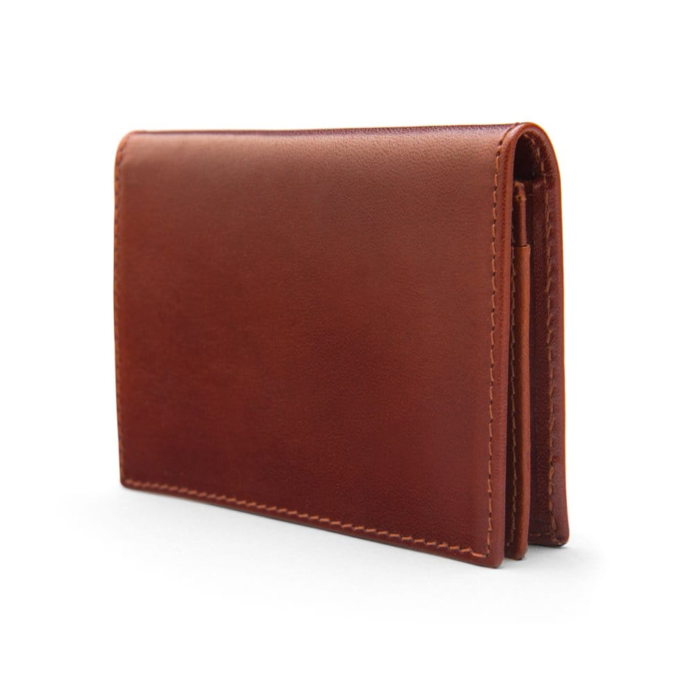 Expandable leather business card case, dark tan, side