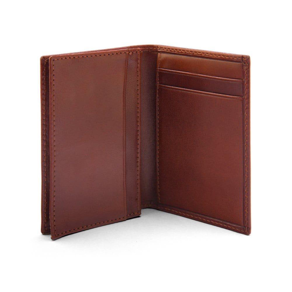 Expandable leather business card case, dark tan, open
