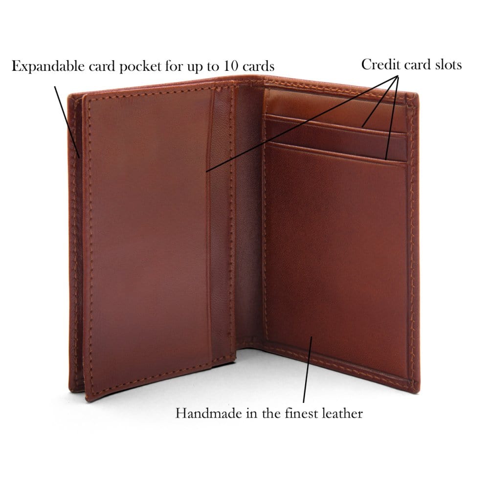 Expandable leather business card case, dark tan, features
