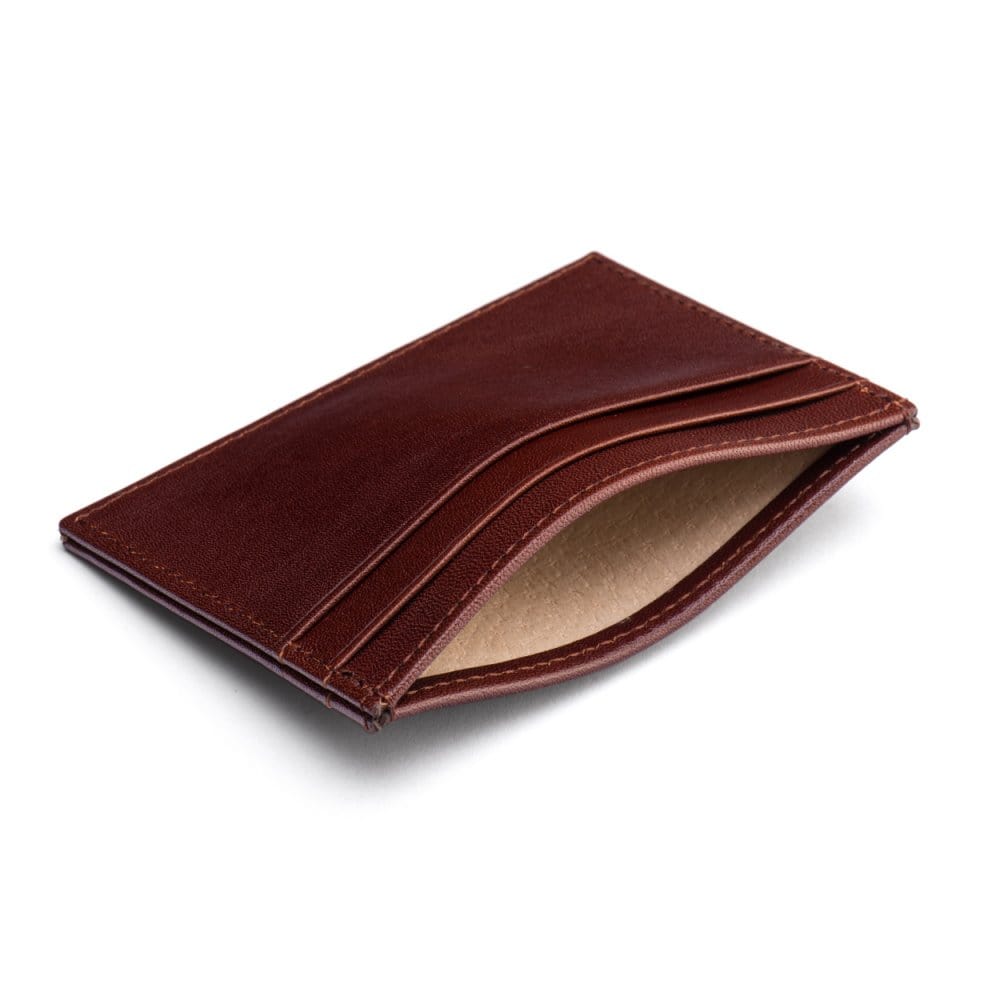 Flat leather credit card wallet 4 CC, dark tan, inside