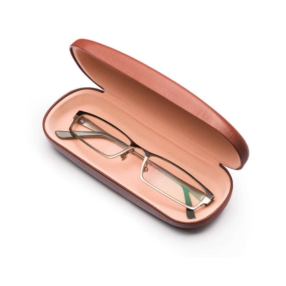 Hard rounded leather glasses case, dark tan, open
