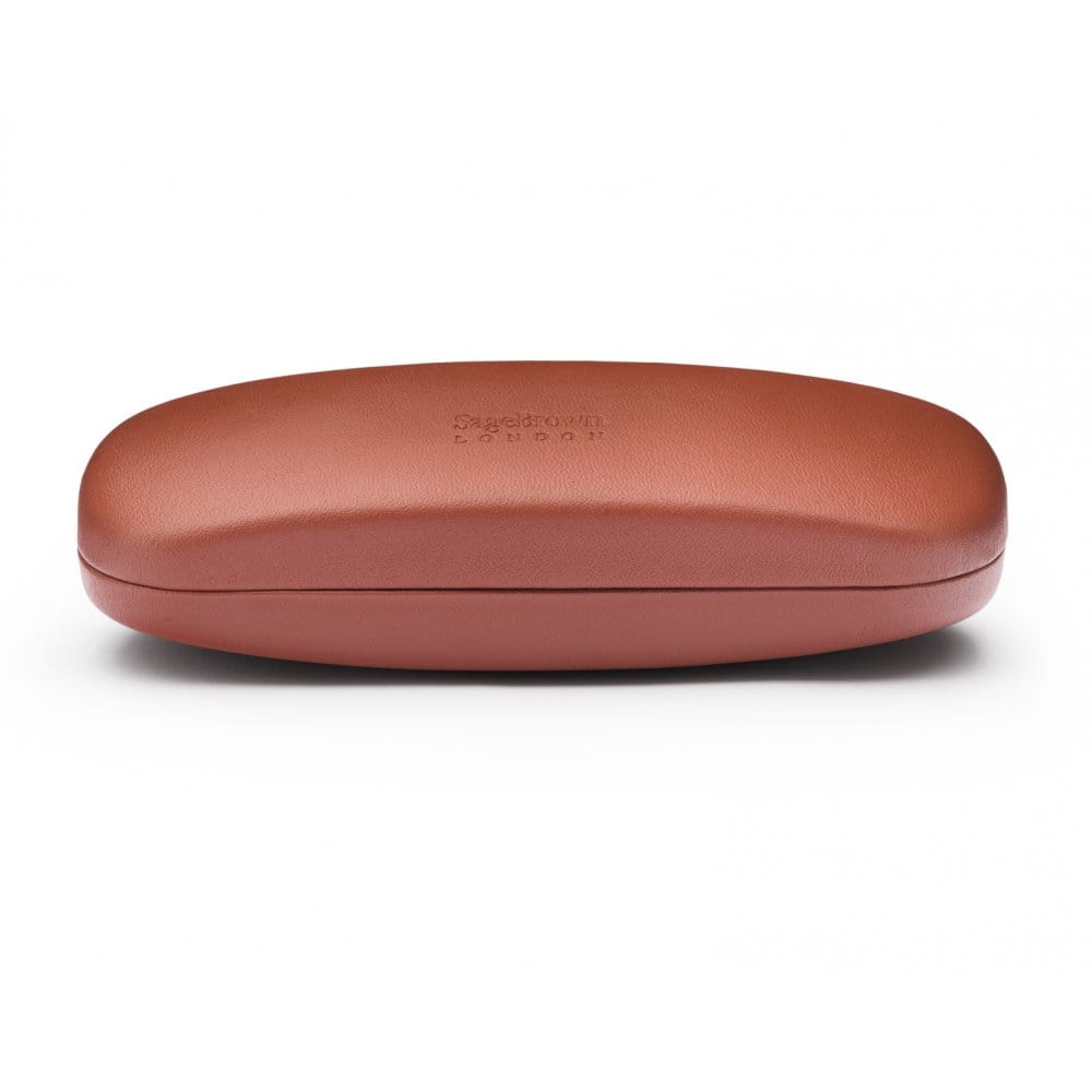 Hard rounded leather glasses case, dark tan, side