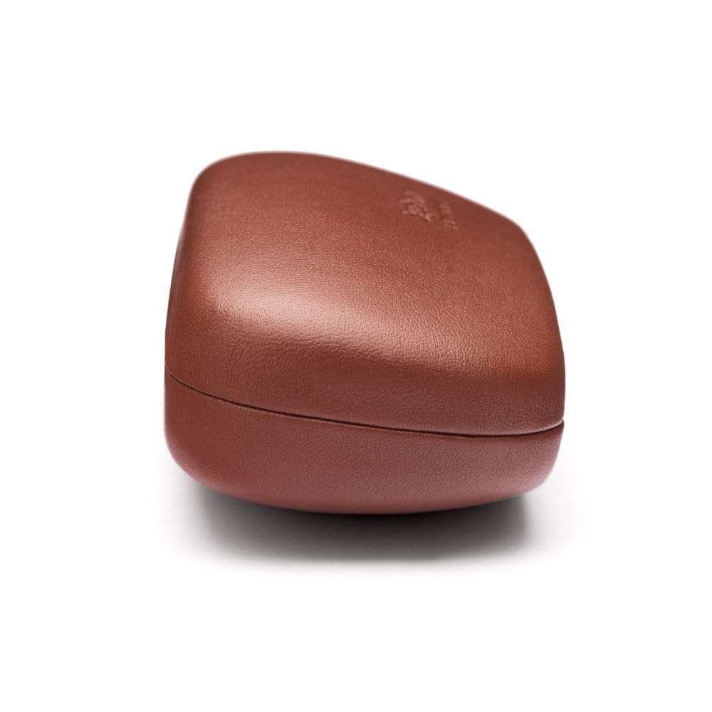 Hard rounded leather glasses case, dark tan, depth