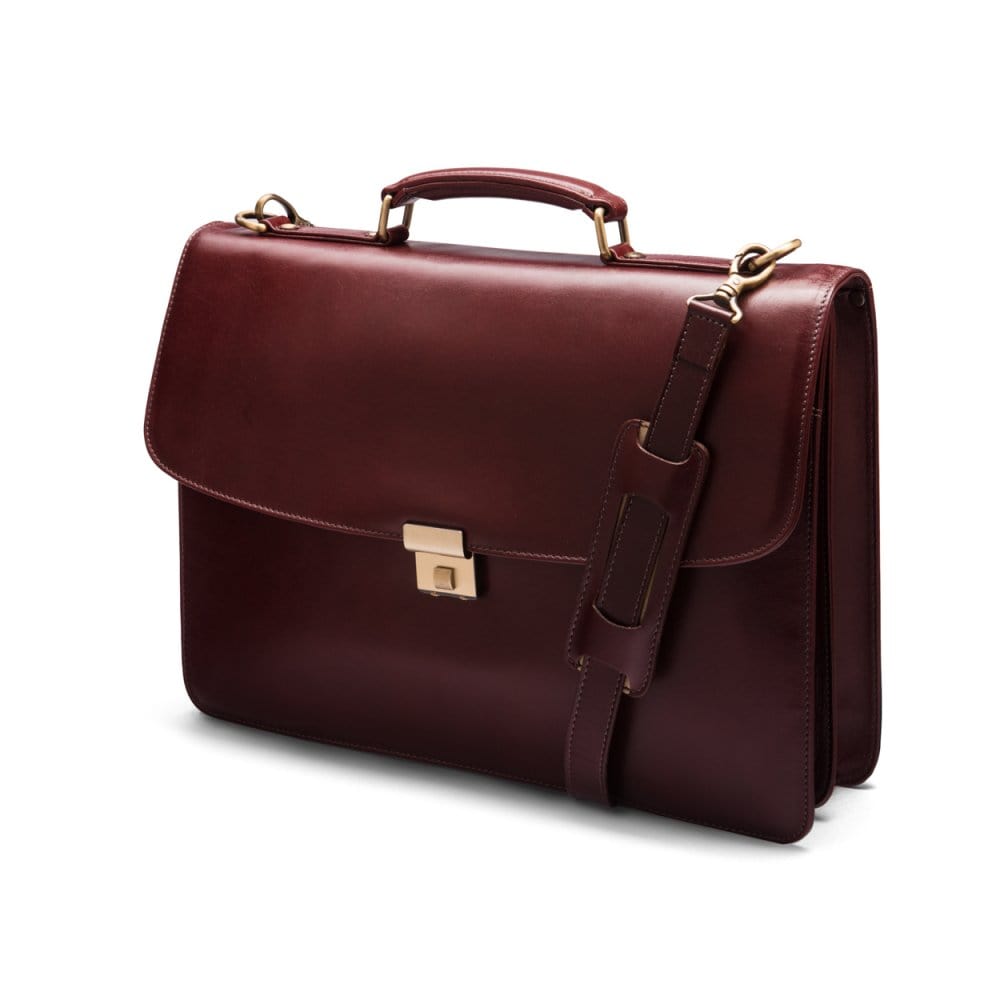 Leather Briefcase with combination lock, Harvard, dark tan, side