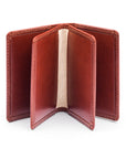 Leather bifold card wallet, dark tan, open