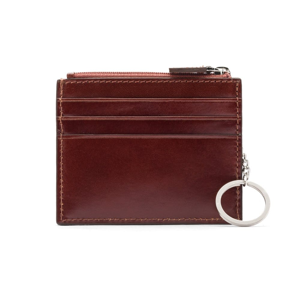Leather card case with zip coin purse and key chain, dark tan, front