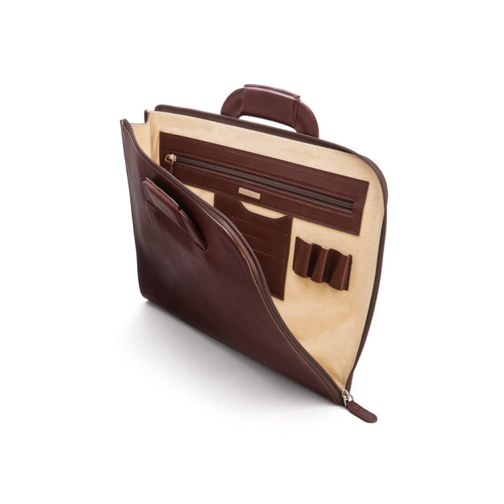 Leather document case with retractable handles, dark tan, inside