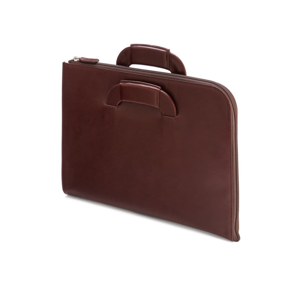 Leather document case with retractable handles, dark tan, side