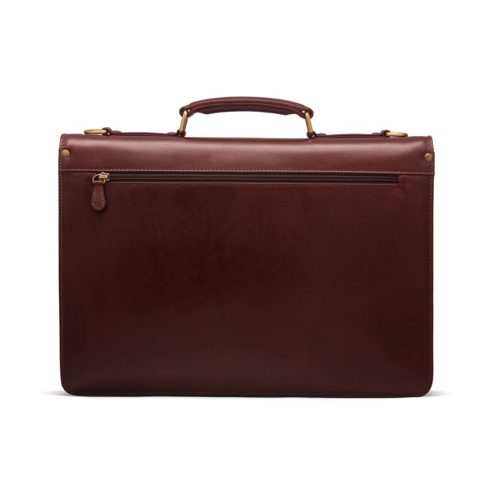 Leather briefcase with brass lock, Harvard, dark tan, back
