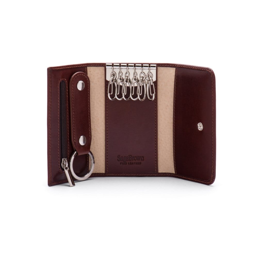 Key wallet with detachable key fob, dark tan, inside