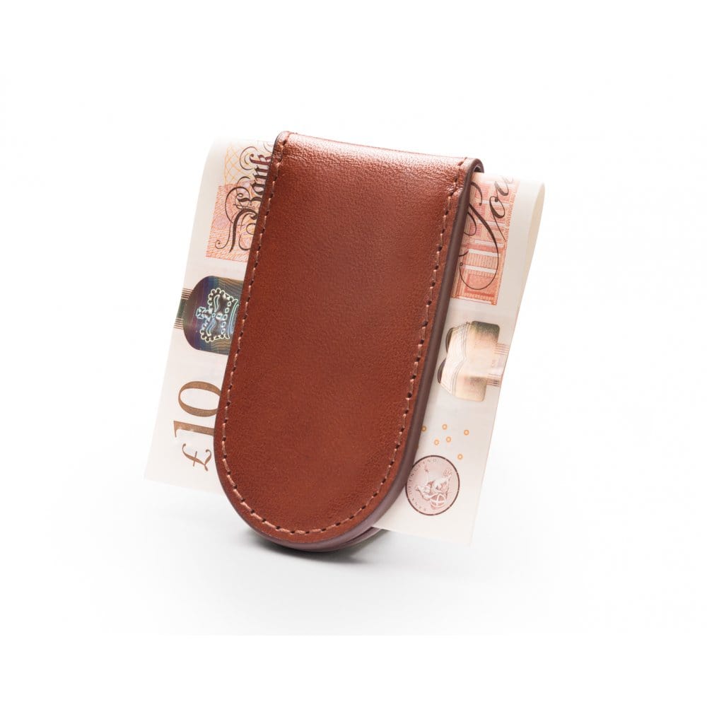 Leather Magnetic Money Clip, dark tan, back