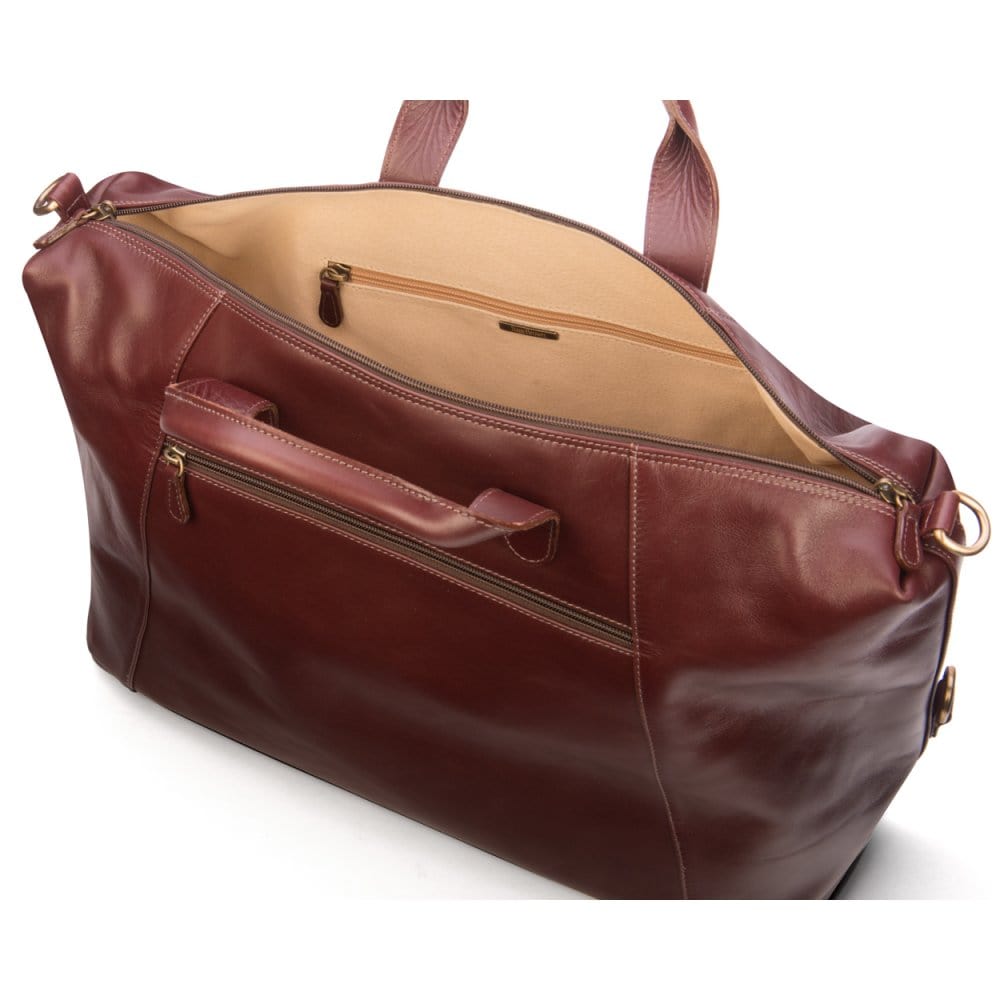 Leather holdall, dark tan, inside