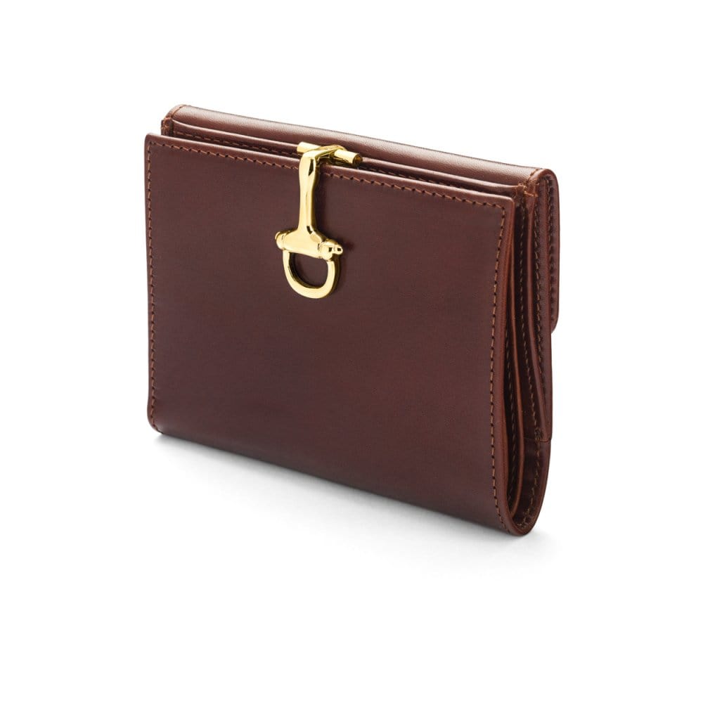 Leather purse with brass clasp, dark tan, front view