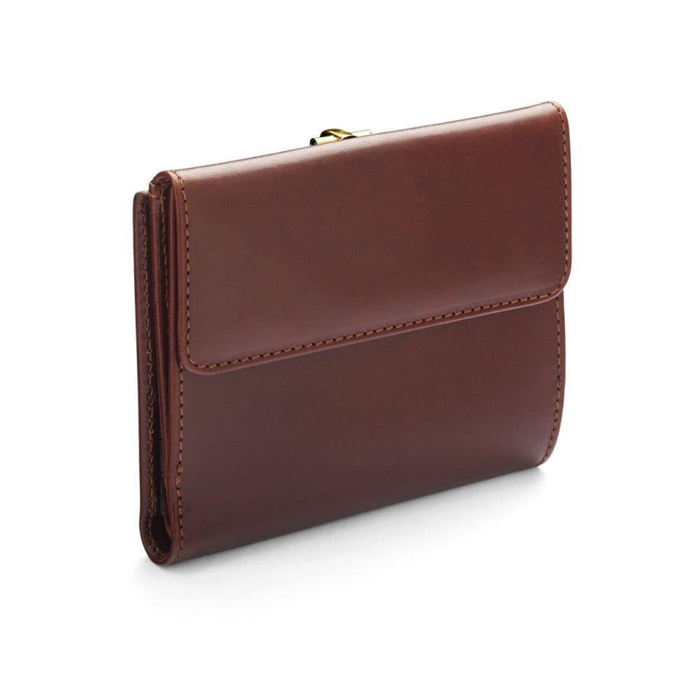 Leather purse with brass clasp, dark tan, back