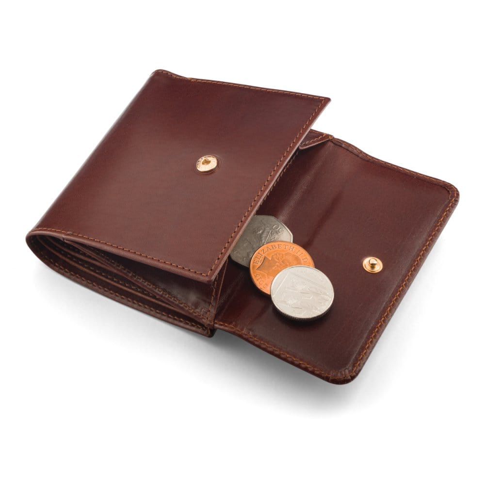 Leather purse with brass clasp, dark tan, open