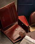Leather wallet with coin purse, ID and tab closure, dark tan, lifestyle