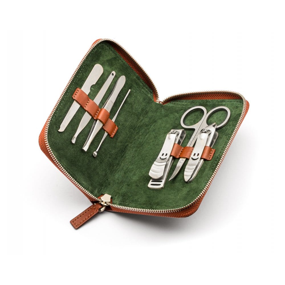 Leather zip around 7 piece manicure set, dark tan, inside