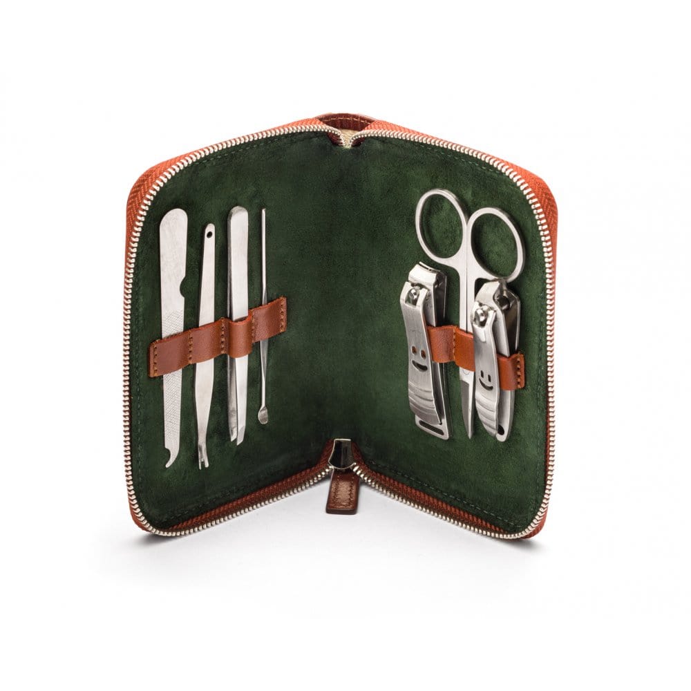Leather zip around 7 piece manicure set, dark tan, open