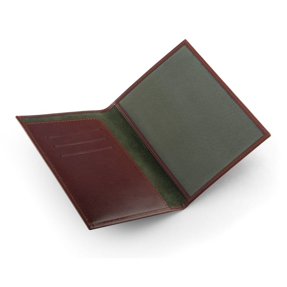 Luxury leather passport cover, dark tan, open