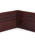 Men's leather billfold wallet, dark tan, open