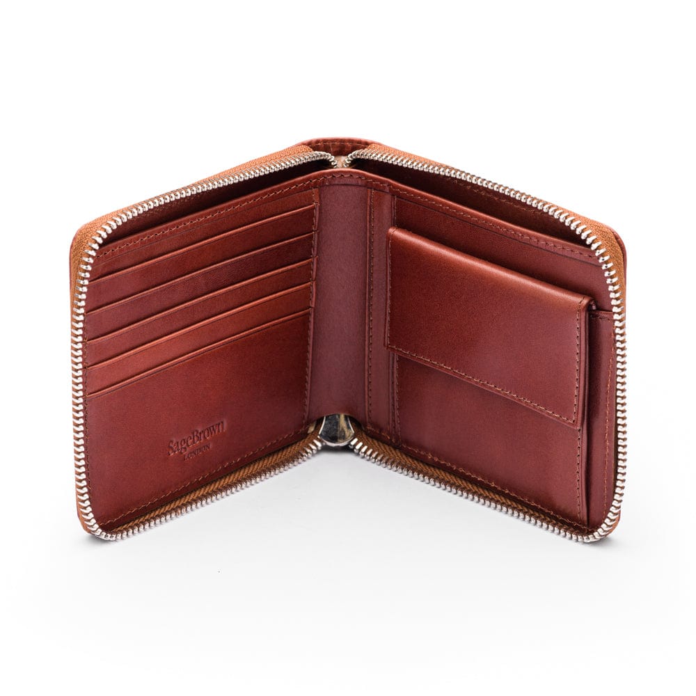 Men's leather zip wallet with coin purse, dark tan, open