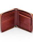 Men's leather zip wallet with coin purse, dark tan, open