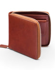 Men's leather zip wallet with coin purse, dark tan, front view