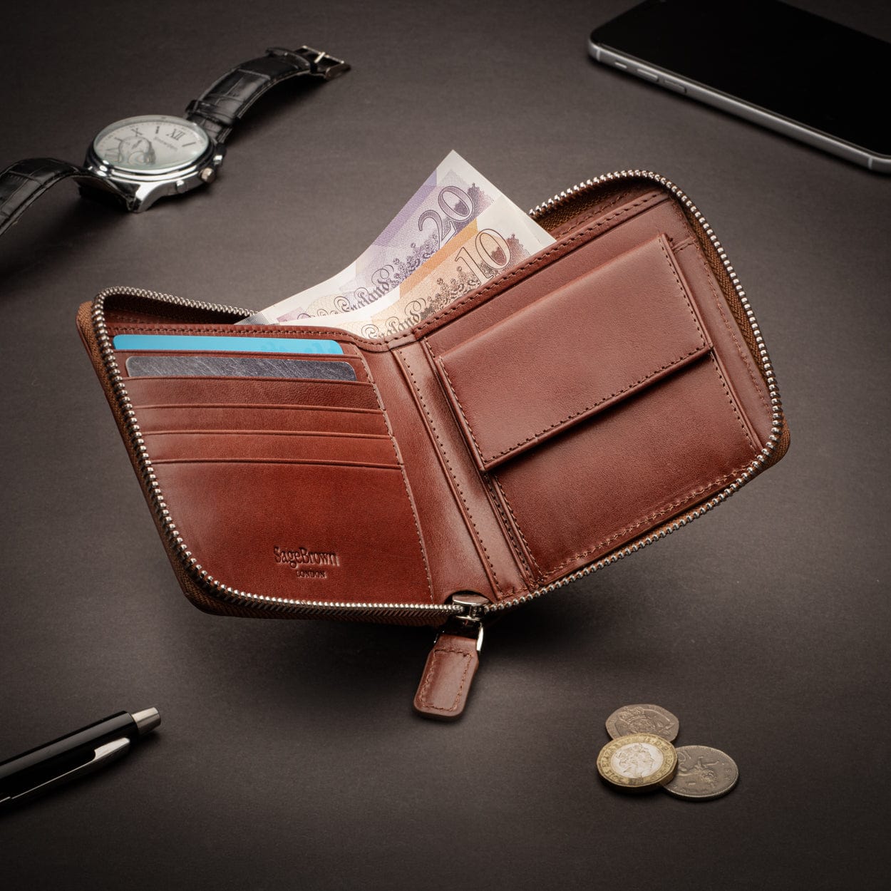 Men's leather zip wallet with coin purse, dark tan, lifestyle