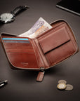 Men's leather zip wallet with coin purse, dark tan, lifestyle