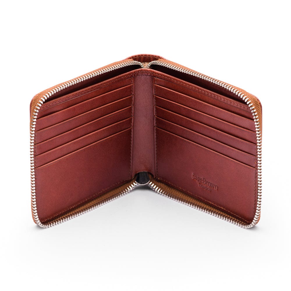 Men's leather wallet with zip around closure, dark tan, open