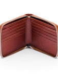 Men's leather wallet with zip around closure, dark tan, open